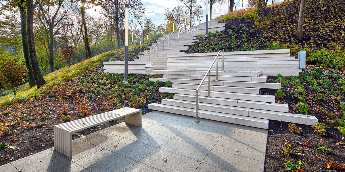 Art Climb Customizable Precast Concrete Outdoor Stairway, Climbing the 100 foot elevation brings visitors to a large pavilion