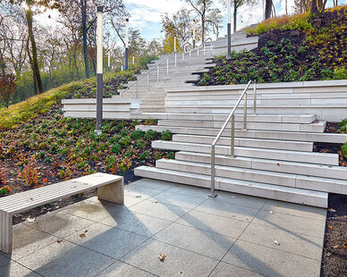 Art Climb Customizable Precast Concrete Outdoor Stairway, Climbing the 100 foot elevation brings visitors to a large pavilion