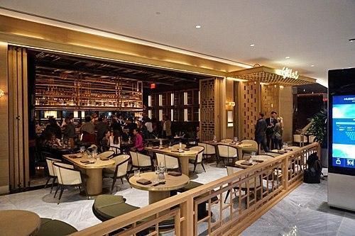 Hudson Yards Bar, brand, Custom brass bar furniture: bar stand and shelves. Custom brass canopy