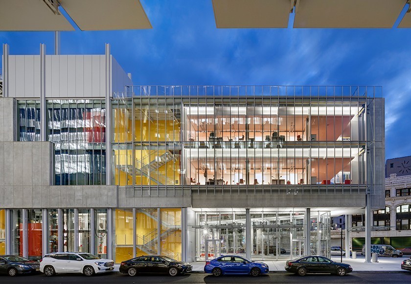 Dattner Architects Forum Gateway exterior view colors, The gateway to Columbia University’s Manhattanville Campus at 125th