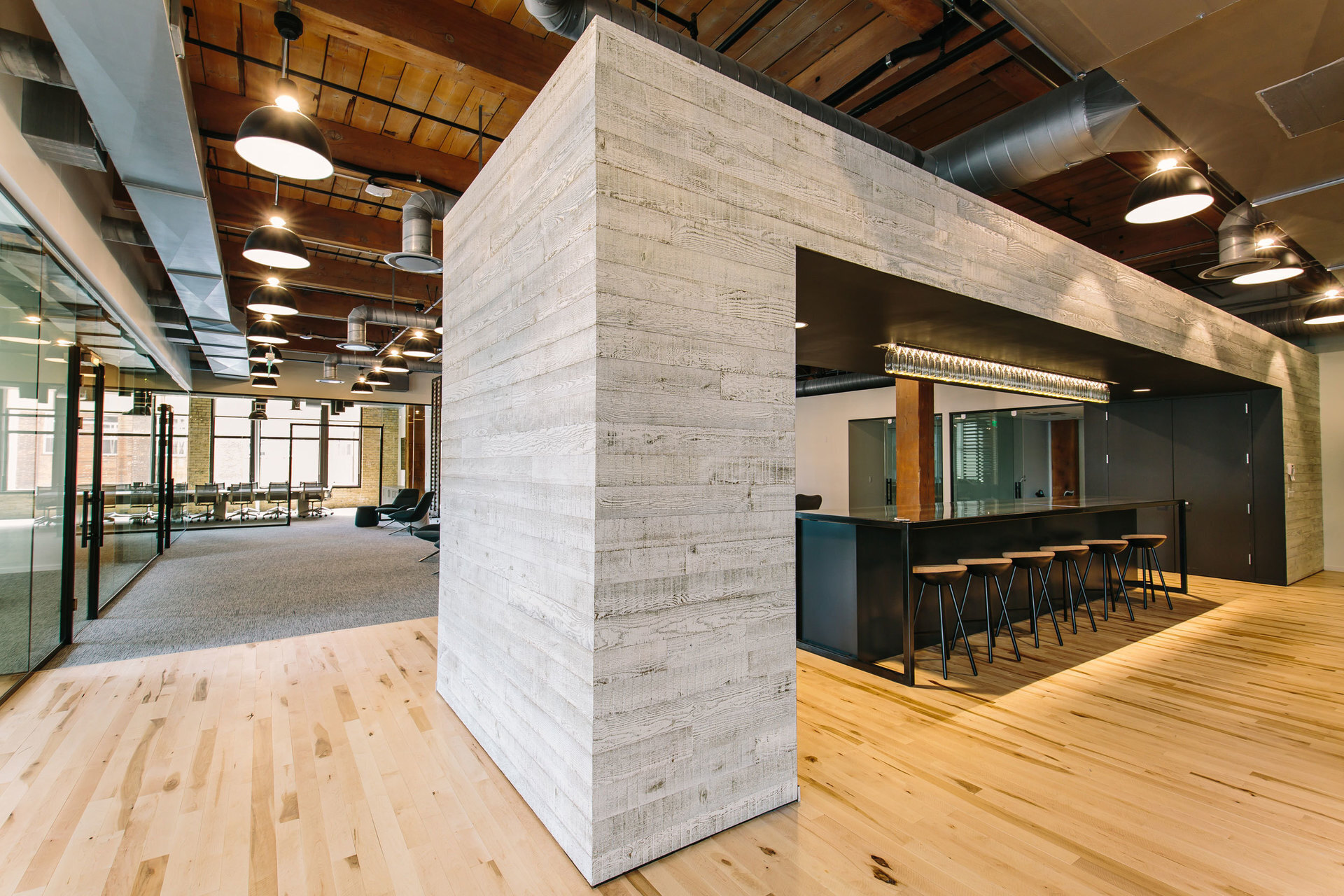 Gardner Builders Office Design Land O' Lakes Minneapolis Work Lounge Counter Stools, Located in the Tractorworks Building in