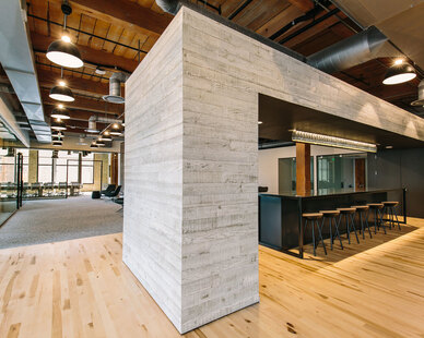 Gardner Builders Office Design Land O' Lakes Minneapolis Work Lounge Counter Stools, Located in the Tractorworks Building in