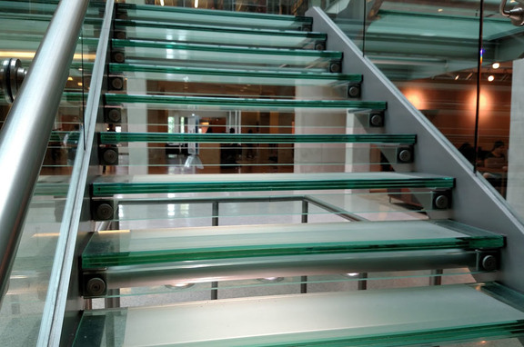 Fused Glass // Lacy Diversified Industries, brand, GRT Glass Design used their Fused Glass technique for the main stairway in
