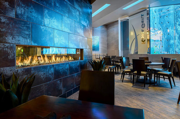 Kona Grill, brand, Custom Gas see-through linear gas fireplace at the Kona Grill, by All Seasons Fireplace.