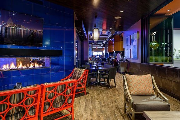 Kona Grill, brand, Custom Gas see-through linear gas fireplace at the Kona Grill, by All Seasons Fireplace.