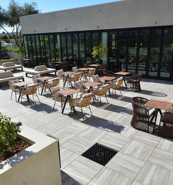 Mayfair-Hotel Pool-Deck 13, Rooftop restaurant, bar & pool deck installed over adjustable pedestals and pavers trays for