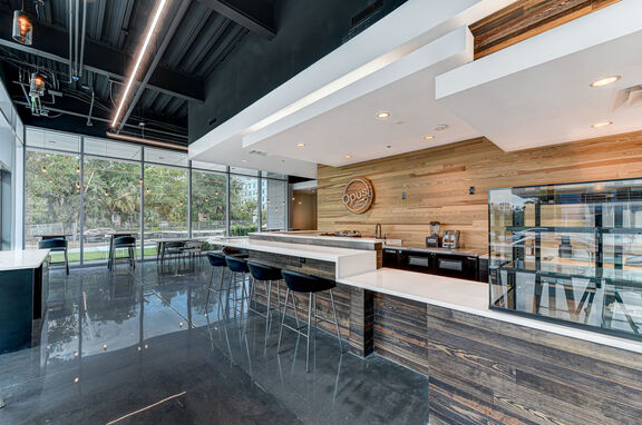 Opus Coffee House, brand, Goodwin provided Antique Longleaf Heart Pine for the gorgeous feature wall and bar front of Opus