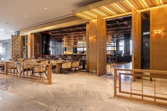 Hudson Yards Bar, brand, Custom brass bar furniture: bar stand and shelves. Custom brass canopy