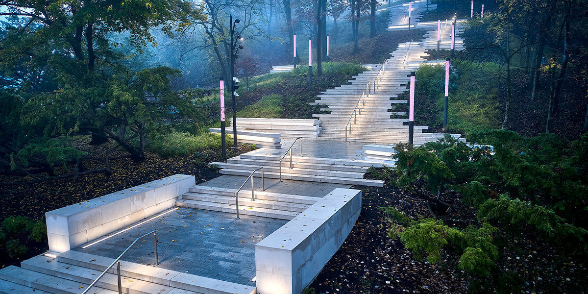 Precast Concrete Customized Stairway and Courtyard in park and entry walkway, Wausau Tile is proud to have been a part this