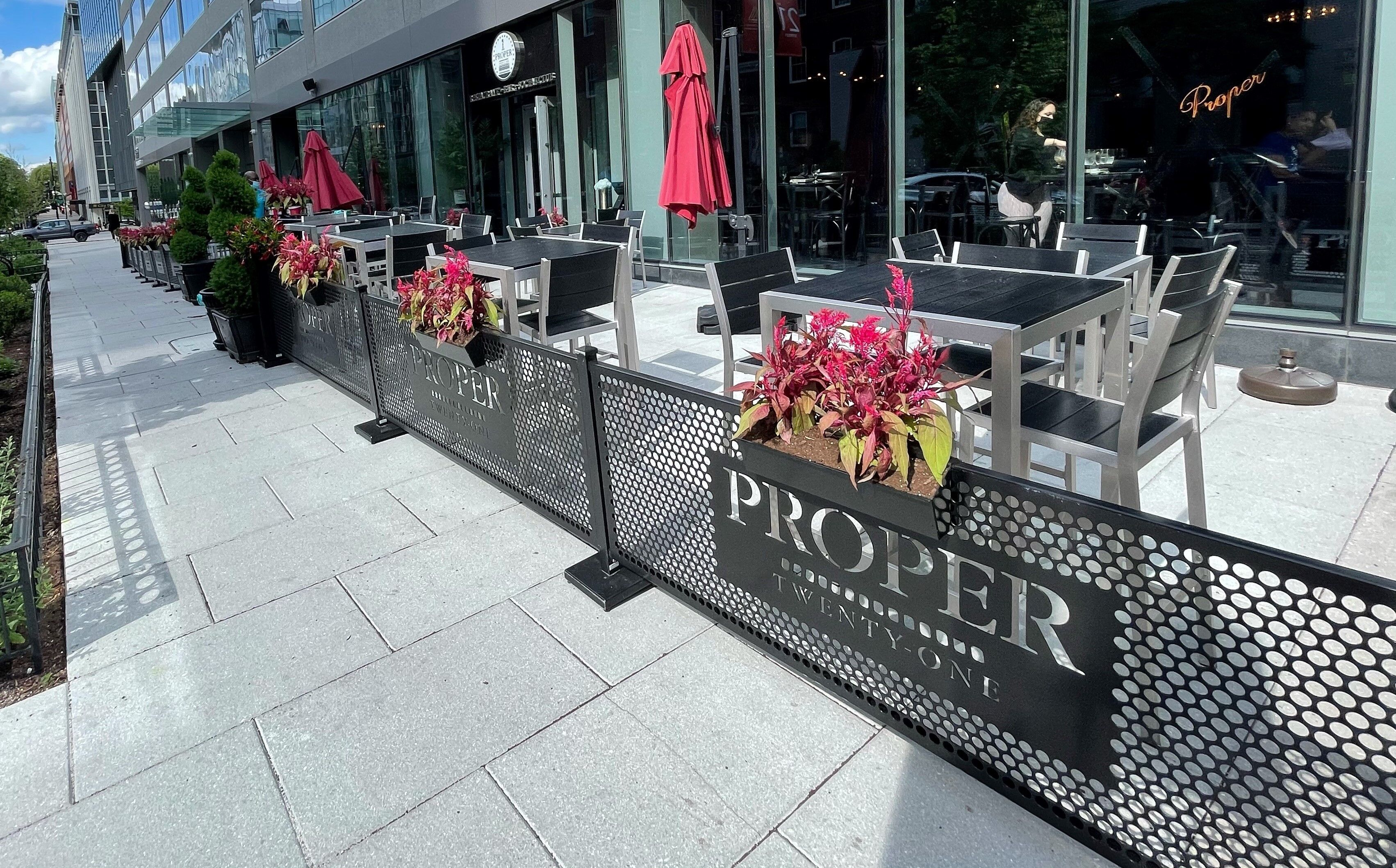 Project Proper 21 K St 7ft logo panel hanging planter straight pole