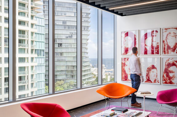 Related Miami, brand, Acoufelt was thrilled to provide sound absorbing baffles in the Related Miami corporate office.