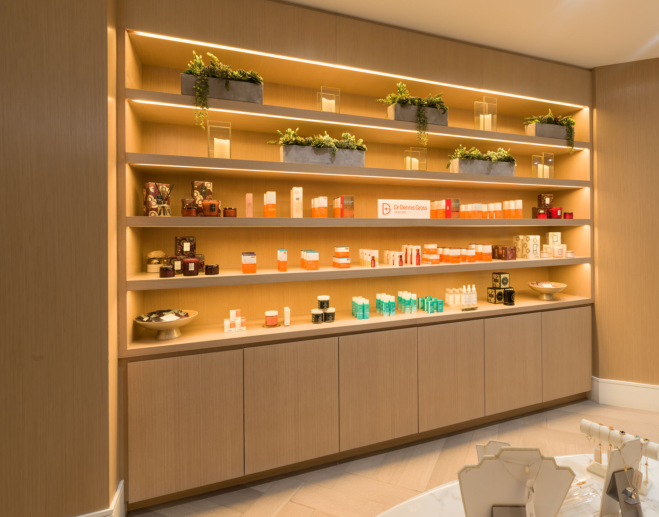 The Ideal Solution for Retail Lighting., The VEA spa entrance features a retail setting with shelves that highlight the