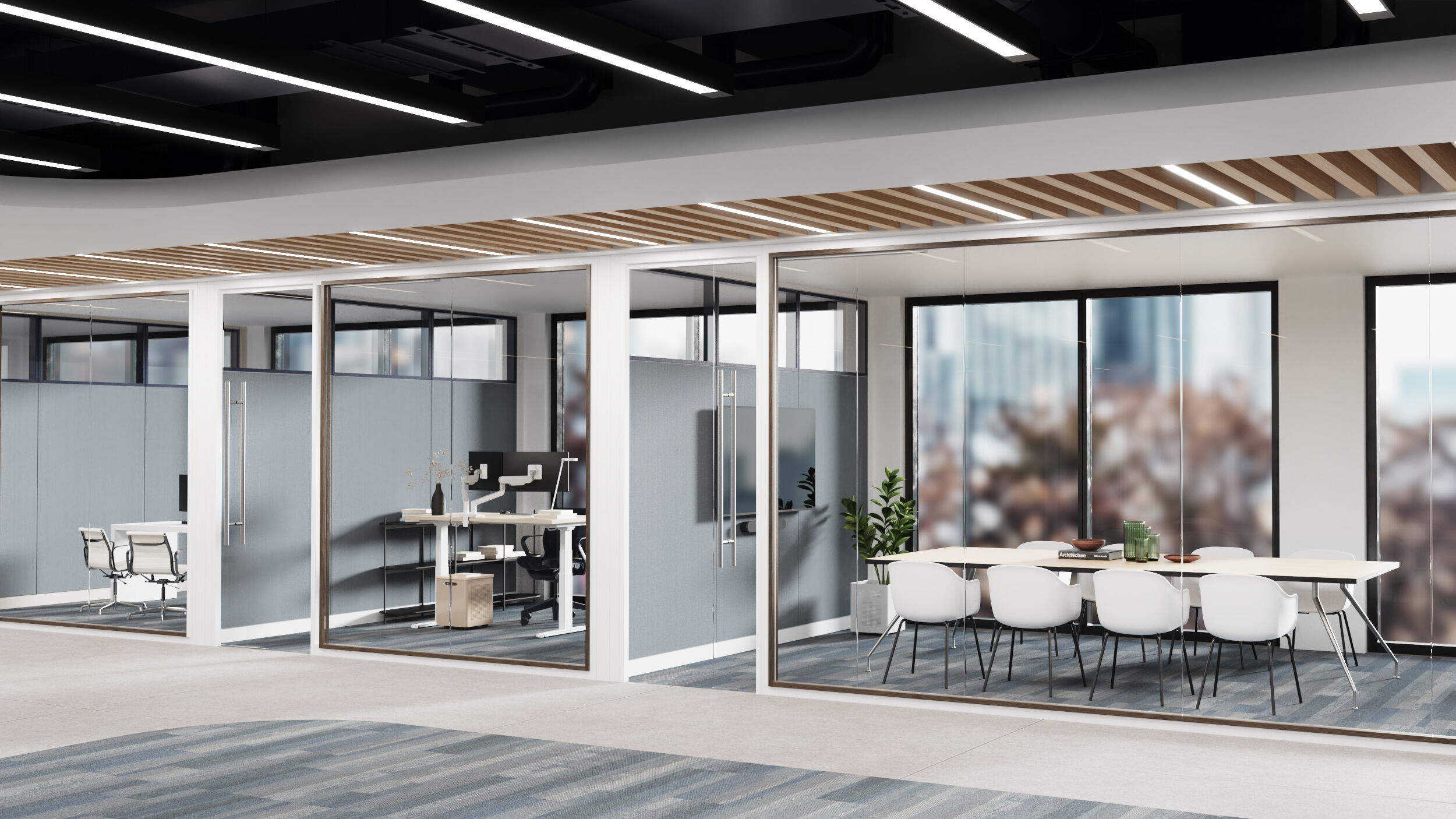 Titan-Accent-WeatheredWalnut-DesignerWhite-WoodFX, Titan WoodFX (wood-like) Trim on Titan Frameless Walls
