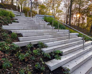 Unique Staircase Outside in park and entryway of museum, Located at the corner of Gilbert Avenue and Eden Park Drive, the