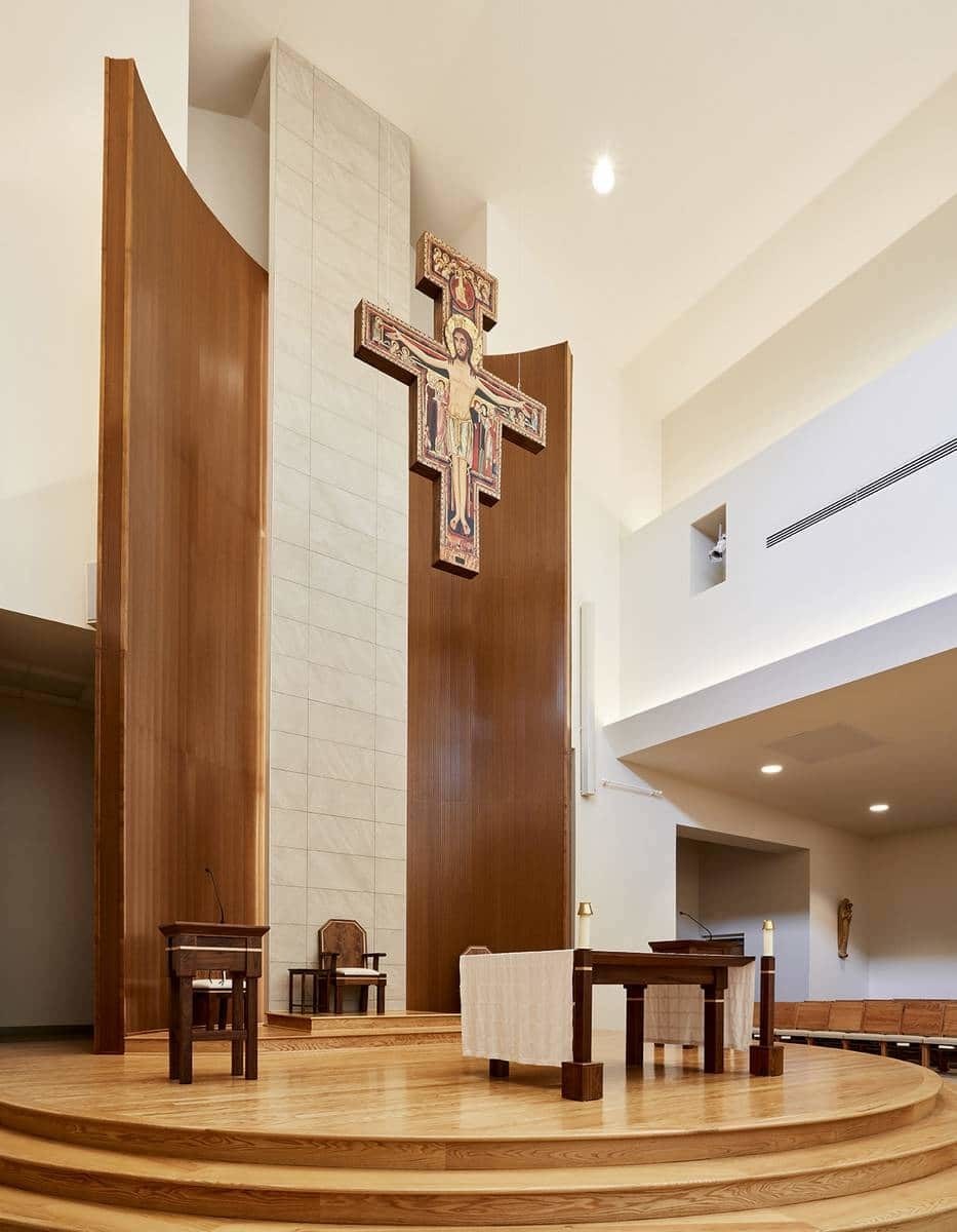worship stage design, Our Lady of Nazareth Catholic Church features a wide-reaching stage perfect for church services and